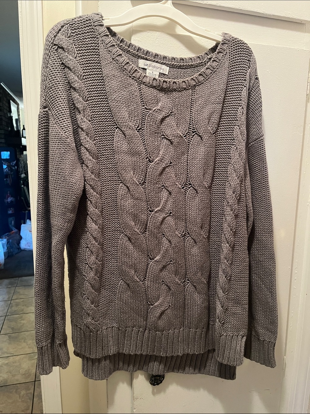 Liz Claiborne Light Gray Cable Knit Scoop Neck Sweater